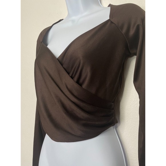 Open Edit Small Surplice Neck Ribbed Faux Wrap Crop Top Brown Long Sleeve - Picture 2 of 9